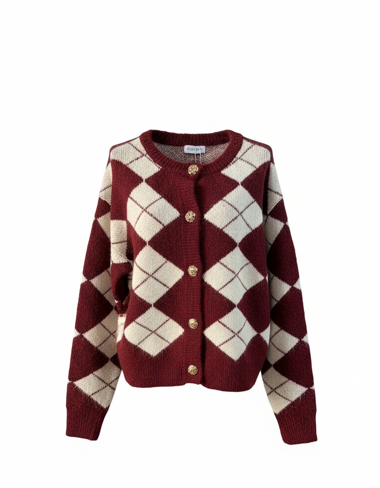 Argyle Knit Cardigan with Gold Buttons JL0213