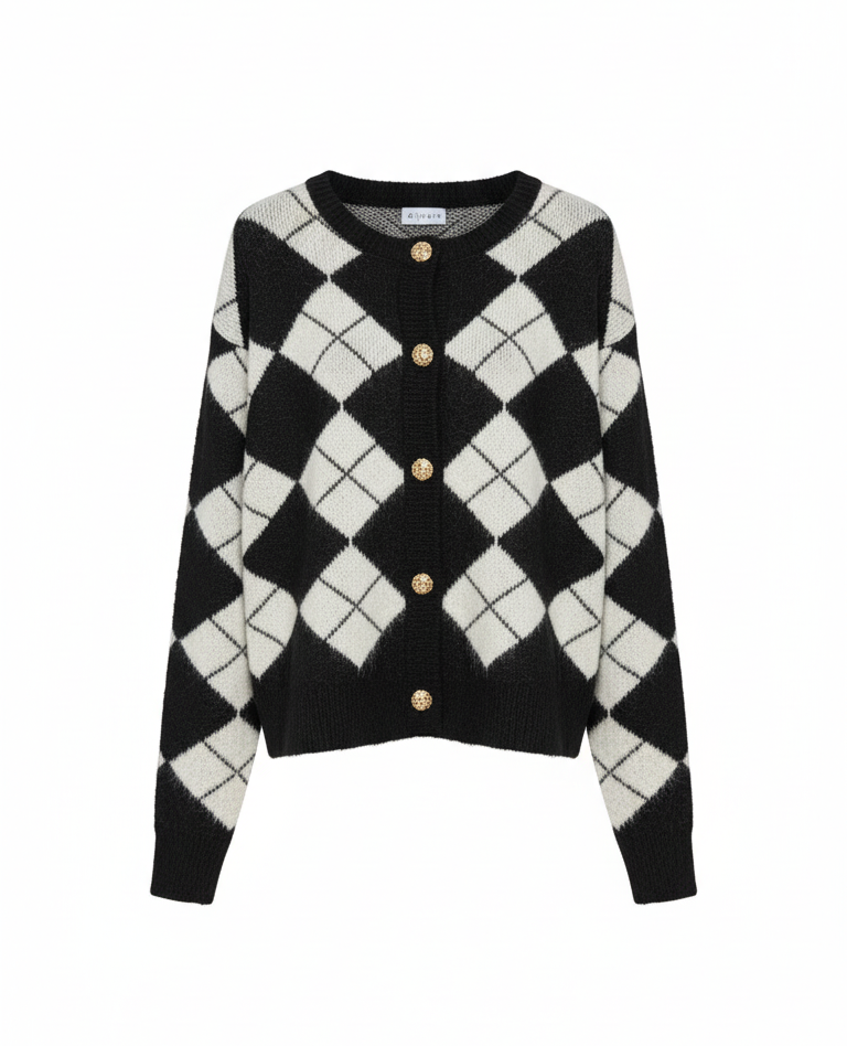 Argyle Knit Cardigan with Gold Buttons JL0213