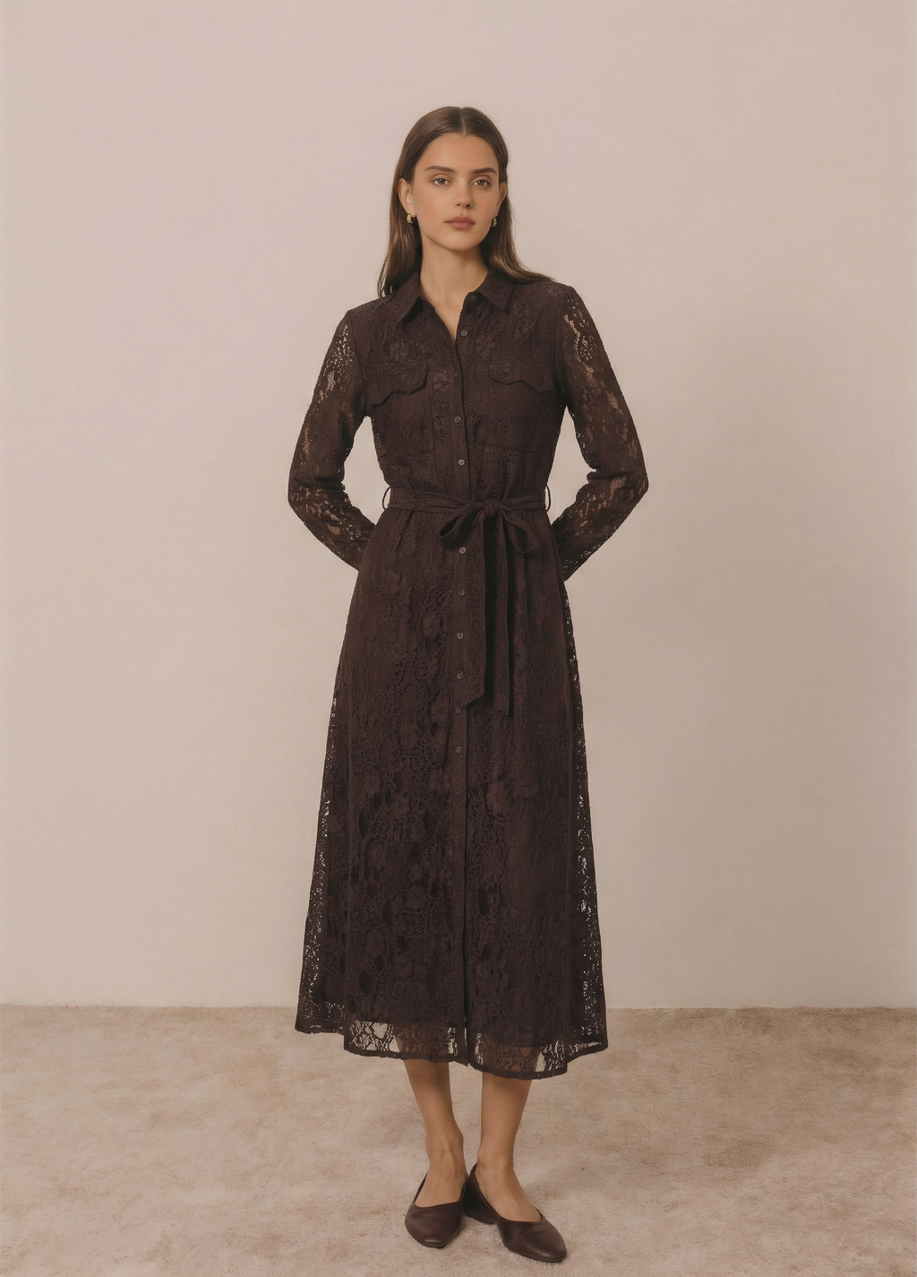 Belted Lace Button Up Midi Dress 5091