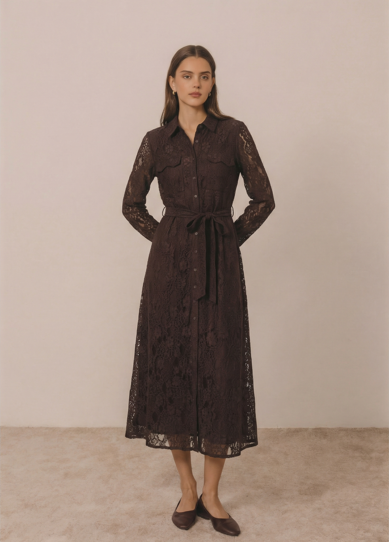 Belted Lace Button Up Midi Dress 5091