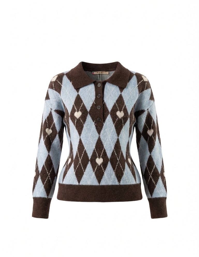 Argyle Knit Polo Sweater Top AT9386