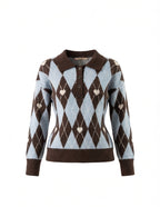 Argyle Knit Polo Sweater Top AT9386