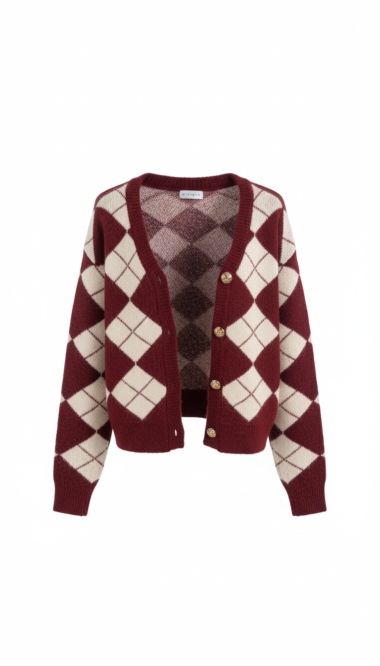 Argyle Knit Cardigan with Gold Buttons JL0213