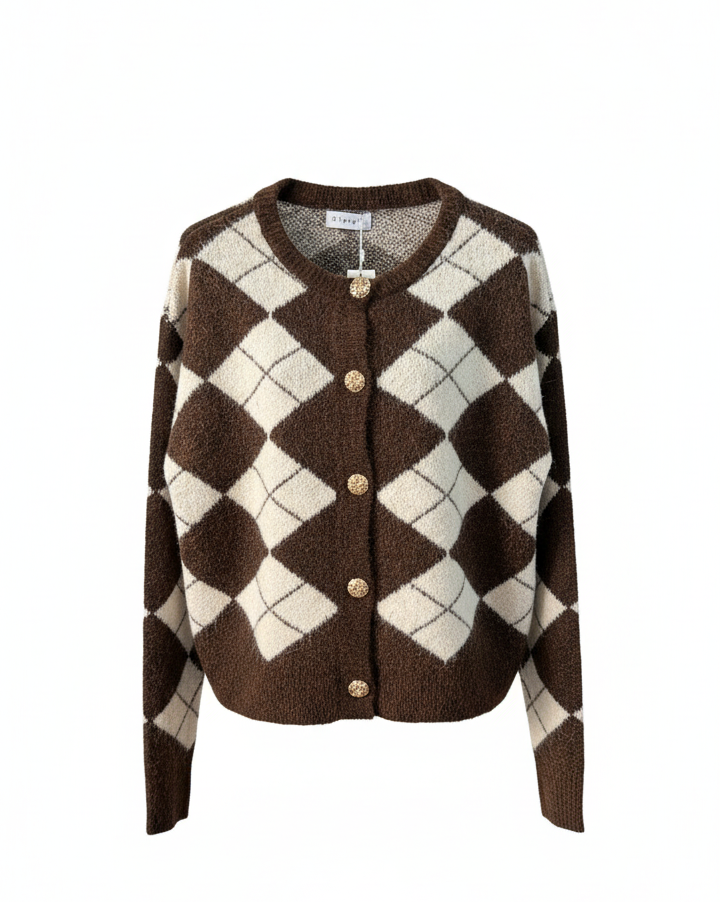 Argyle Knit Cardigan with Gold Buttons JL0213