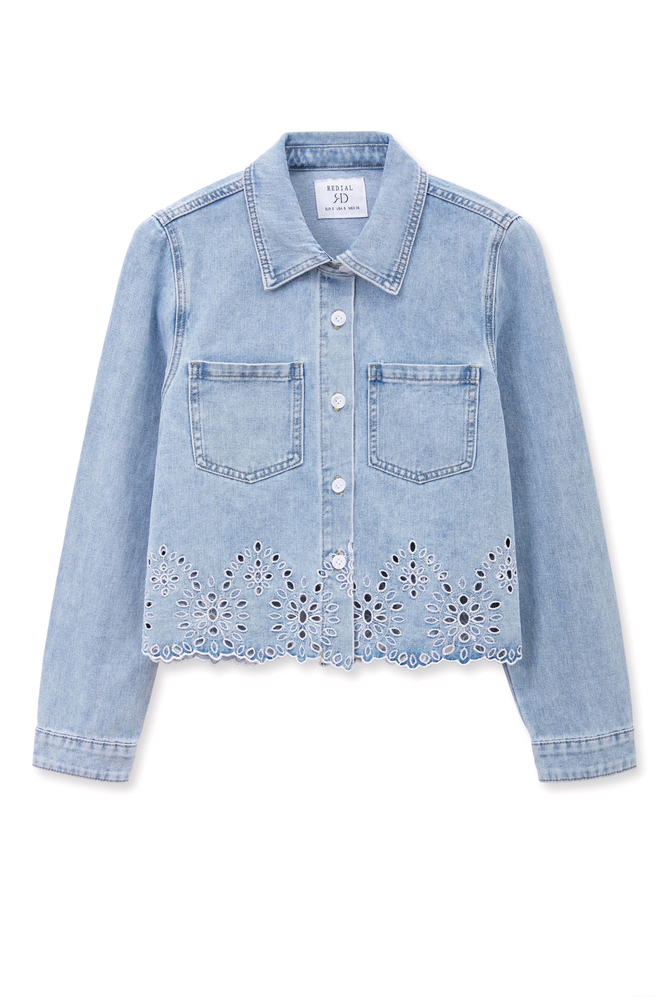Light blue denim jacket with lace detailing on a white background