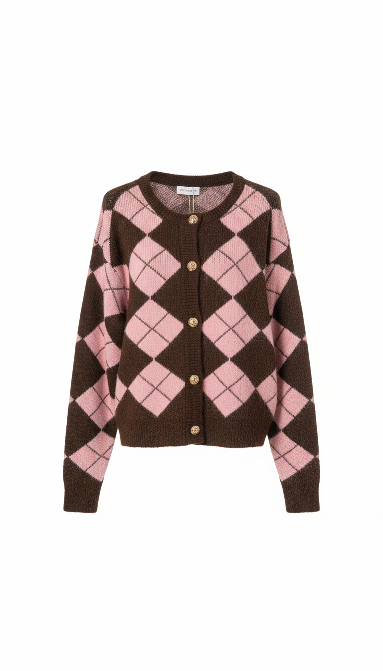 Argyle Knit Cardigan with Gold Buttons JL0213