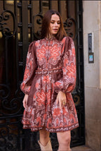 Brown Paisley Mini Dress with Belt – Long Sleeve Boho Chic Outfit 3265