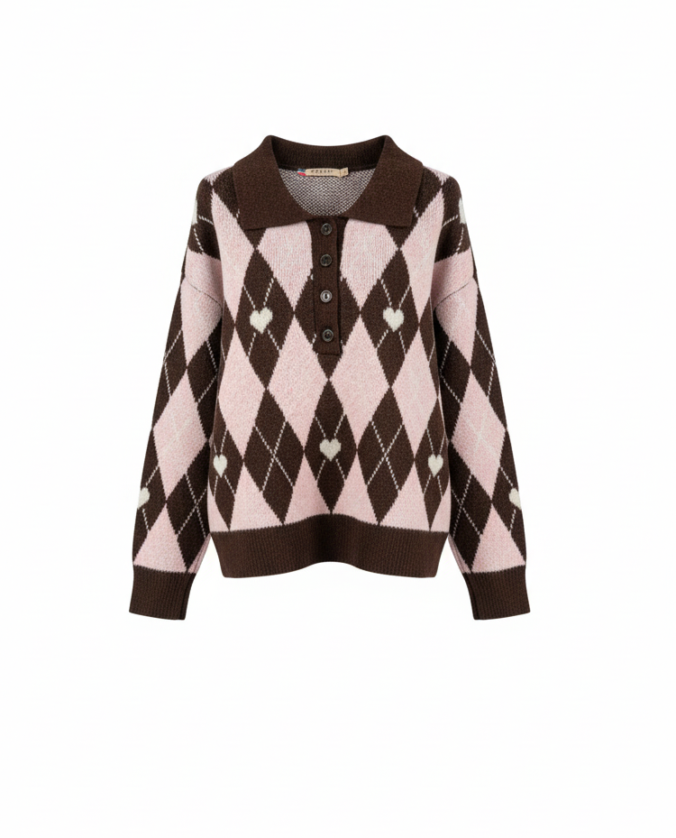 Argyle Knit Polo Sweater Top AT9386