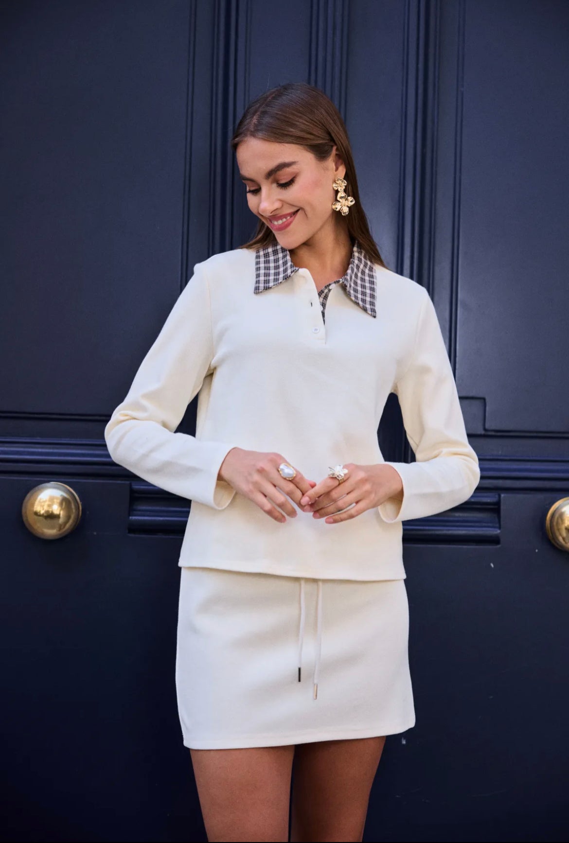 Cream Knit Mini Co-Ord Set with Check Collar – Long Sleeve Casual Chic 5669