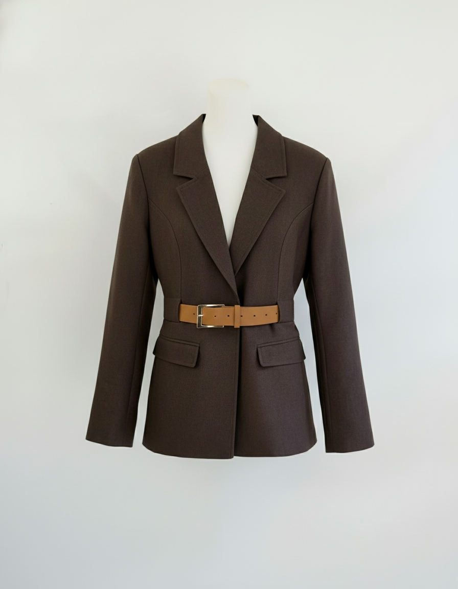 Women’s Chocolate Brown Belted Blazer – Structured Tailoring With Camel Waist Belt 3271