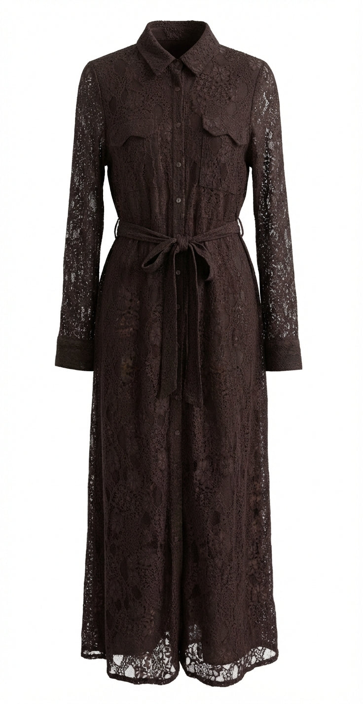 Belted Lace Button Up Midi Dress 5091