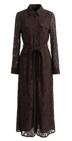 Belted Lace Button Up Midi Dress 5091