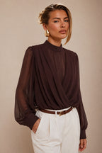 Sheer Blouse with Mock Neck & Draped Front O-3463