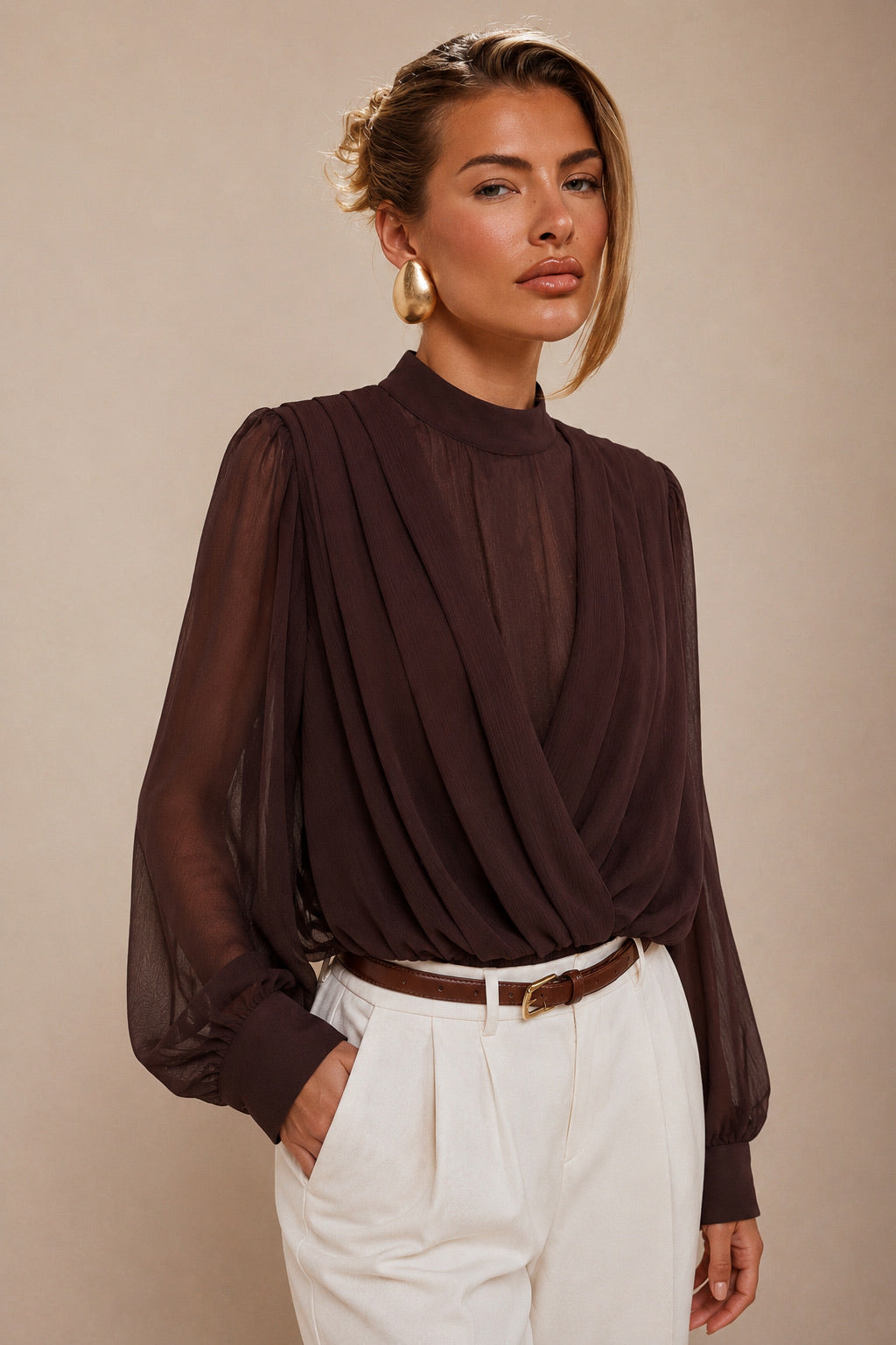 Sheer Blouse with Mock Neck & Draped Front O-3463