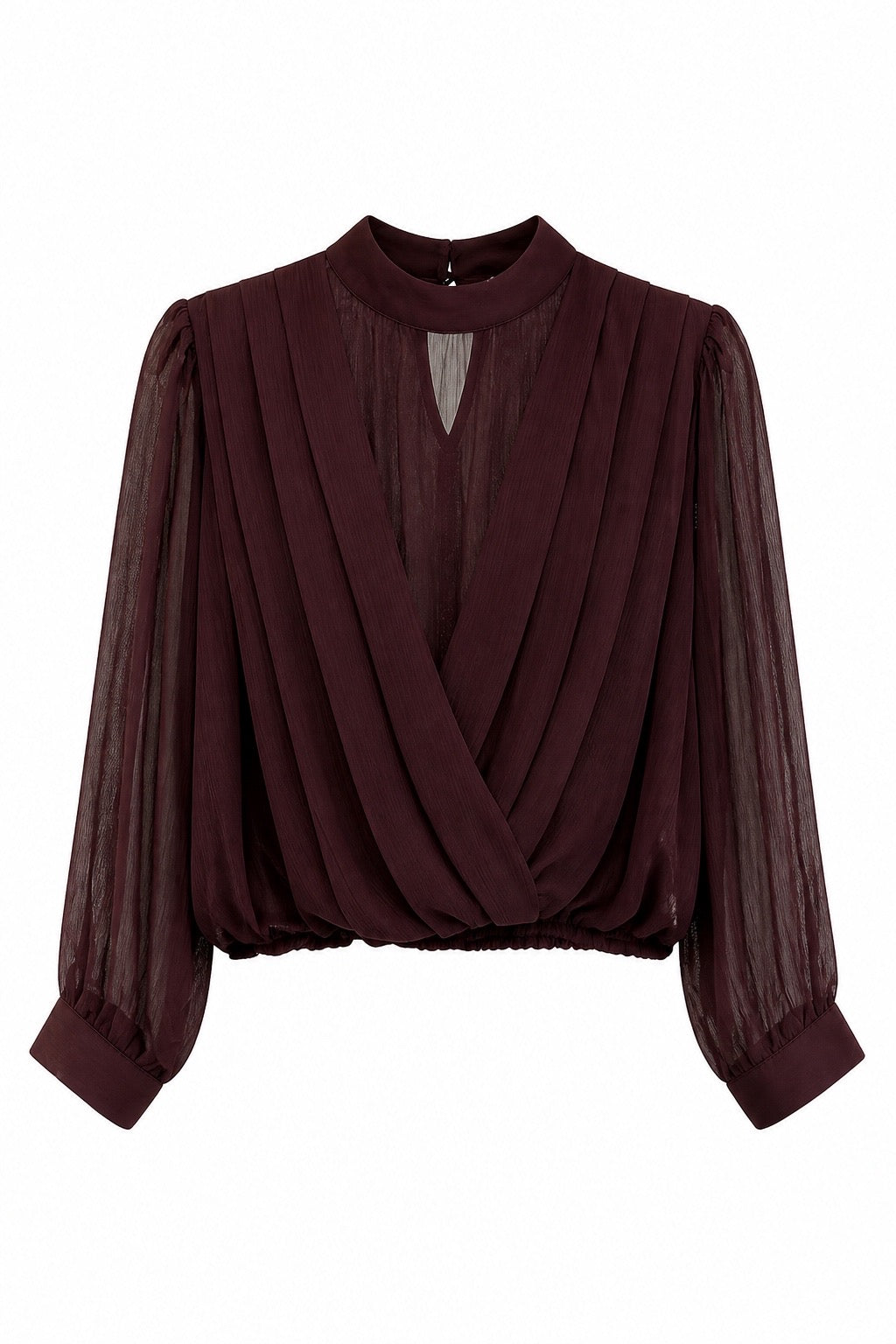 Sheer Blouse with Mock Neck & Draped Front O-3463