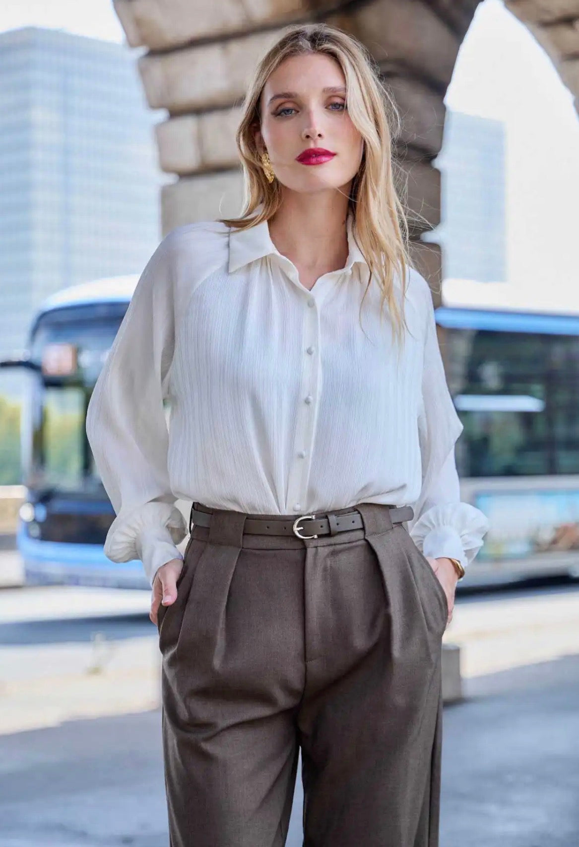 Textured Fluid Button-Up Shirt — White, Beige & Wine 372