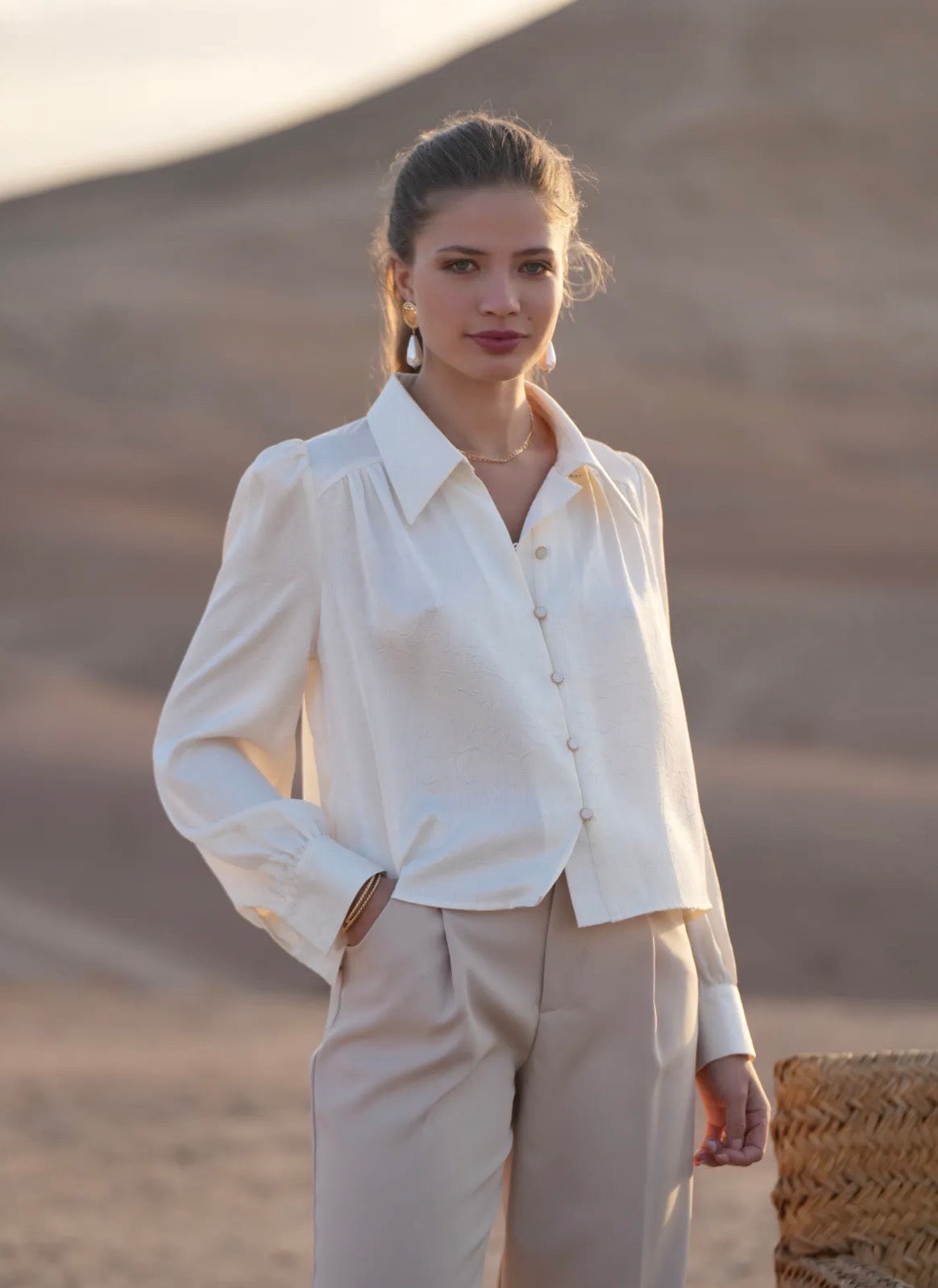 Textured Button-Up Blouse Shirt — Light Ivory 357