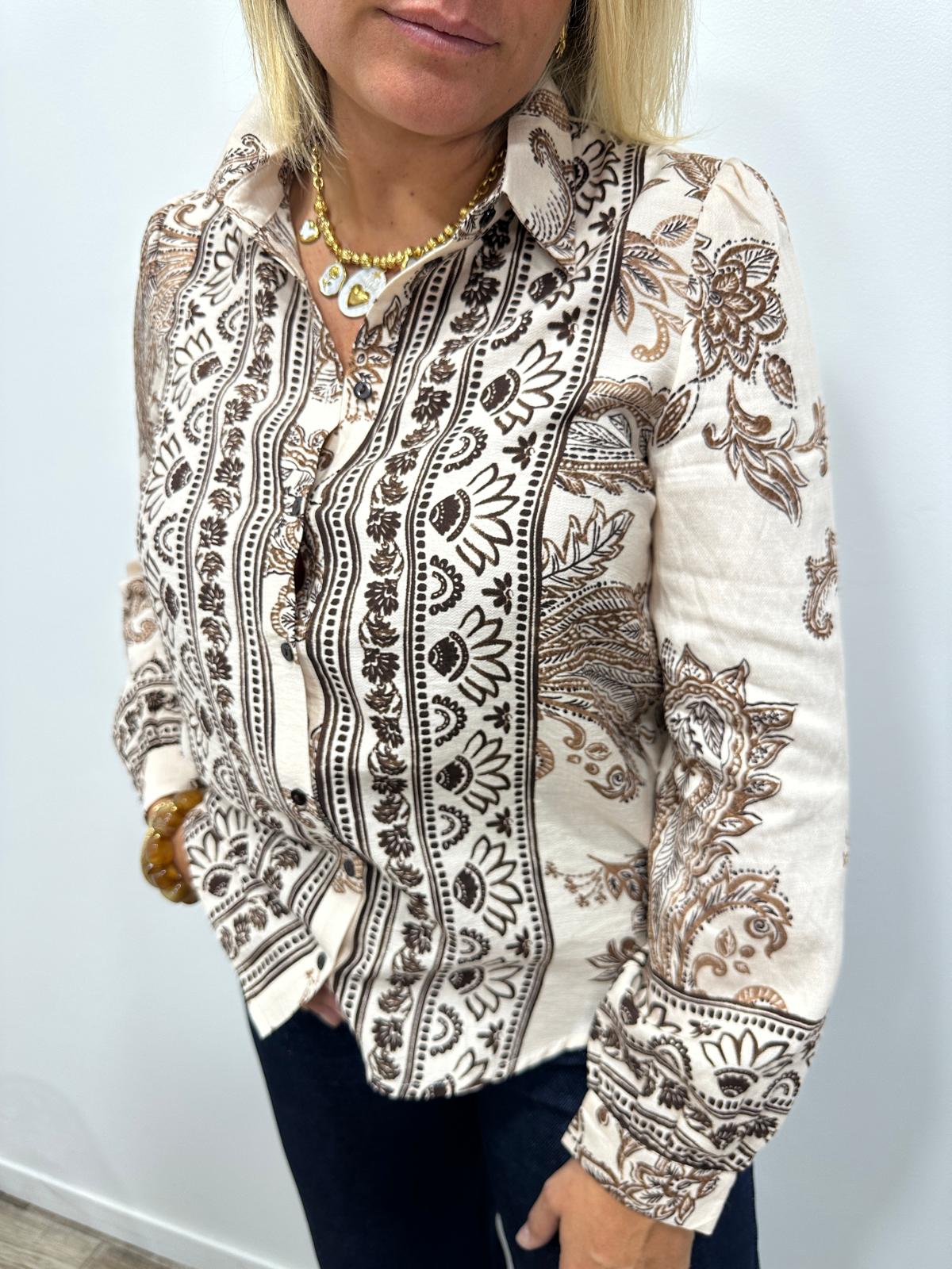 Printed Boho Button-Down Shirt — Cream & Chocolate 29440