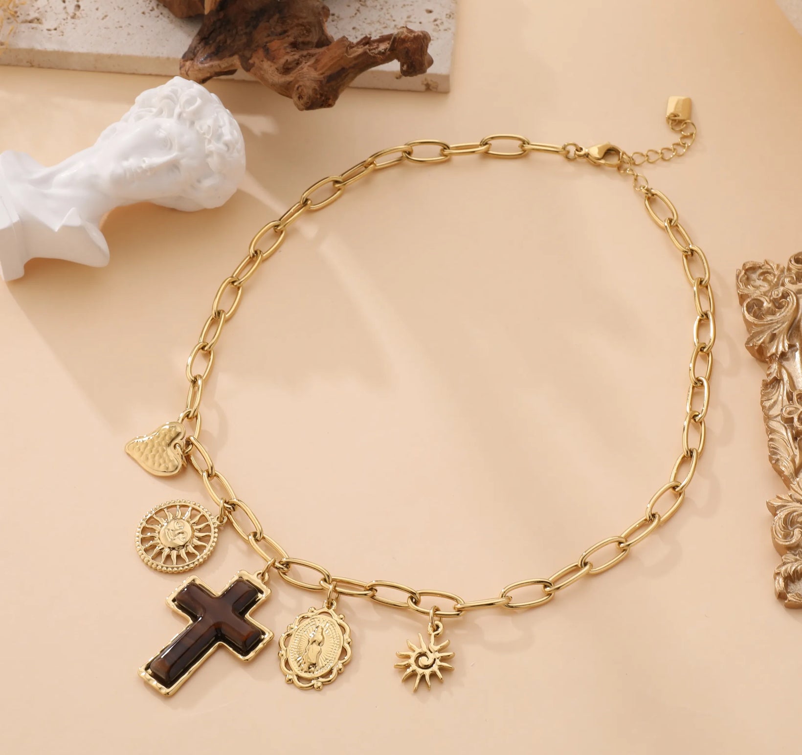 Gold Charm Necklace with Sun, Cross & Religious Medallions | Celestial Pendant Jewelry