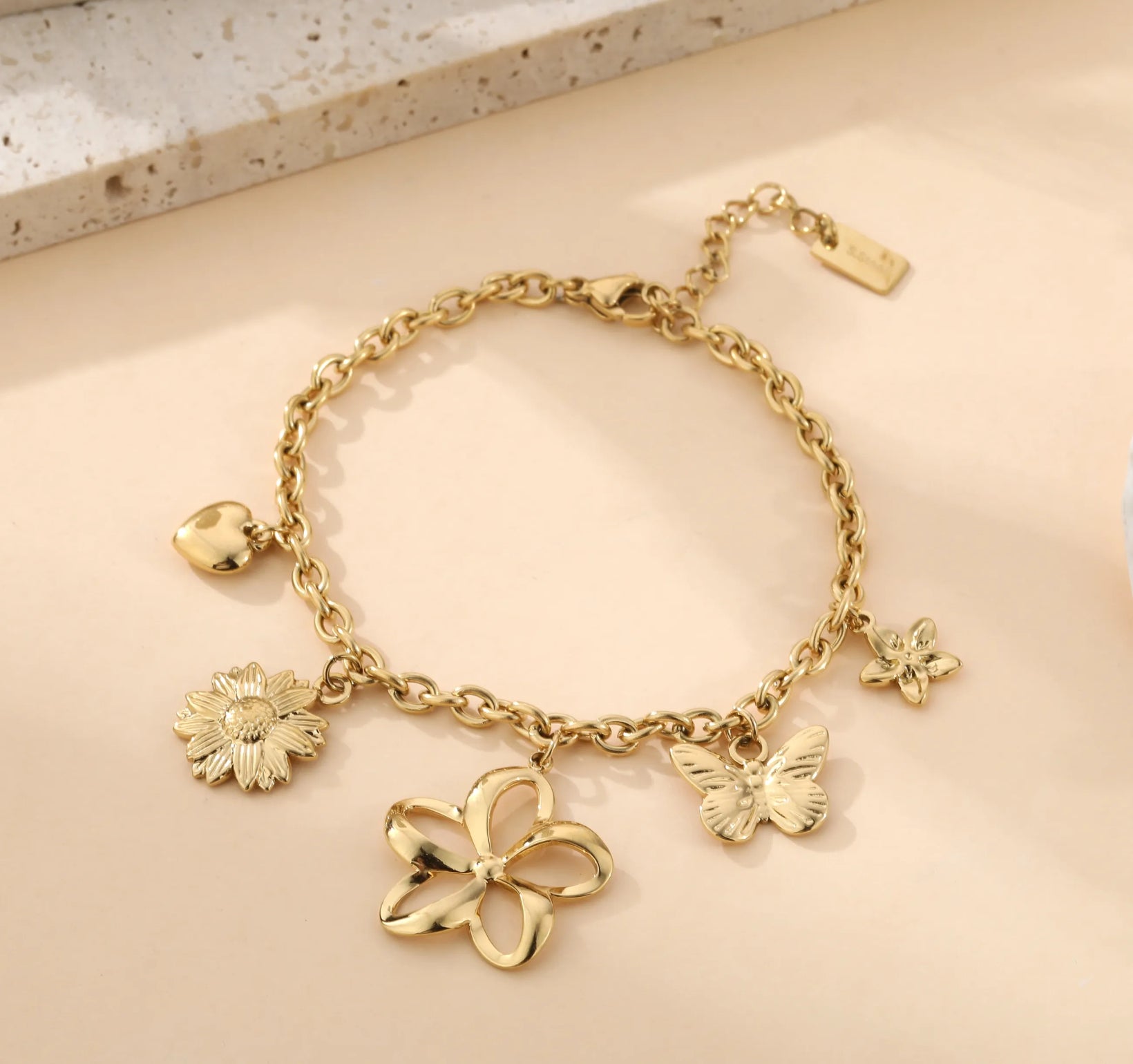 Gold Charm Bracelet with Flower, Butterfly & Heart Pendants | Dainty Nature Jewelry