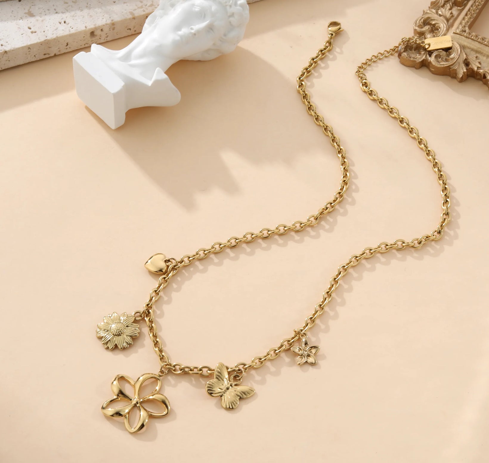 Gold Charm Necklace with Butterfly, Flower & Heart Pendants | Nature-Inspired Jewelry