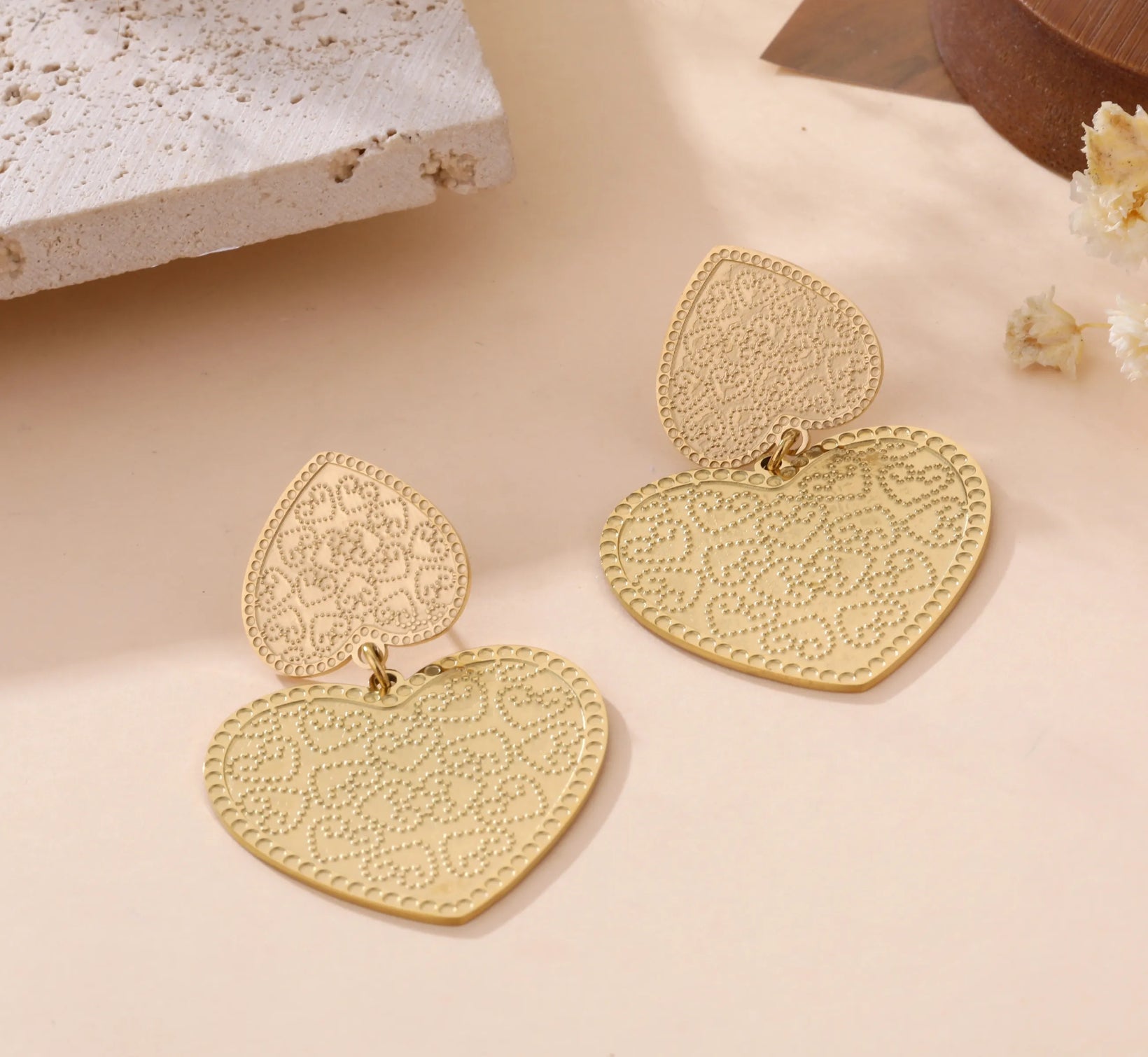 Gold Heart Drop Earrings with Textured Detailing | Statement Love Jewelry