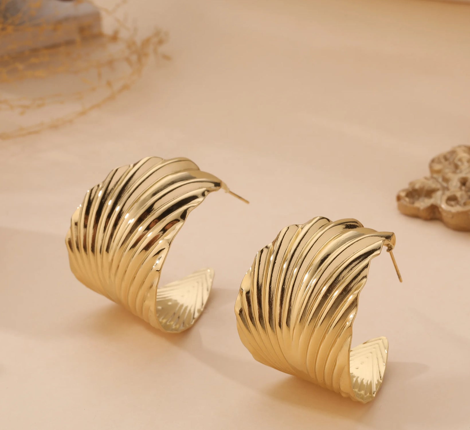 Gold Wide Hoop Earrings with Sculpted Wave Design | Bold Statement Jewelry