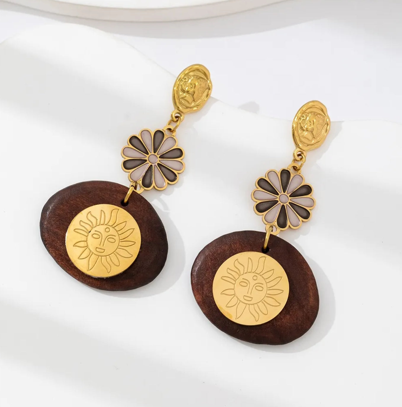 Gold & Wood Sun Medallion Drop Earrings | Boho Celestial Statement Jewelry