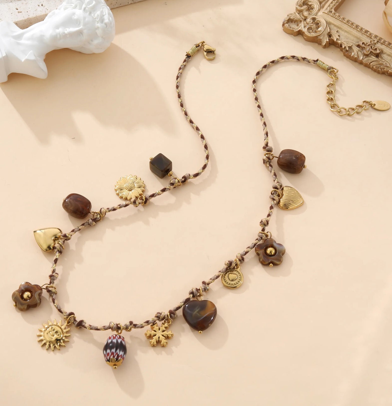 Boho Charm Necklace with Mixed Beads & Gold Pendants | Eclectic Statement Jewelry