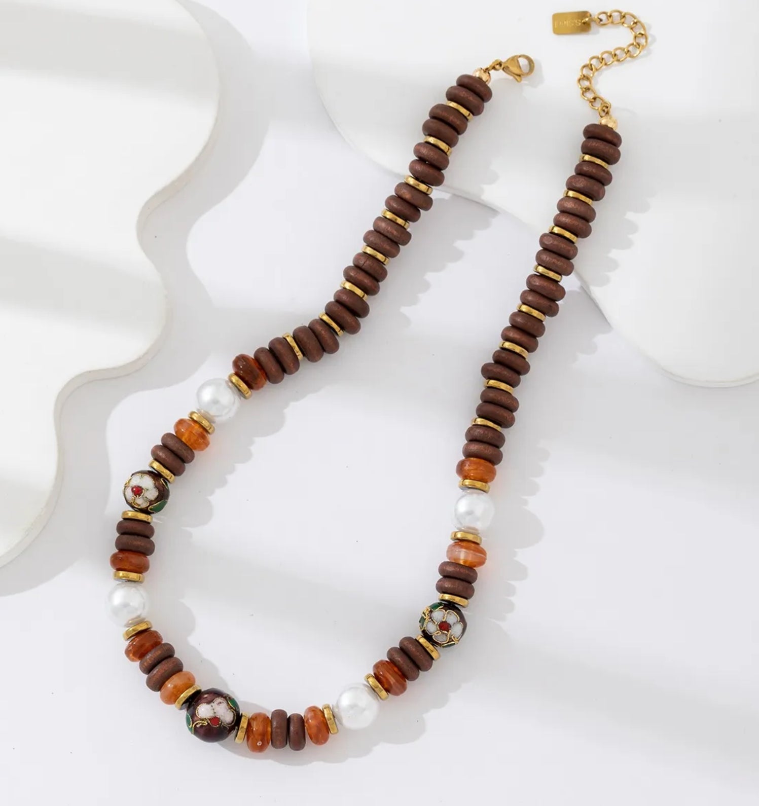 Boho Beaded Necklace with Wood, Pearl & Cloisonné Accents | Natural Statement Jewelry