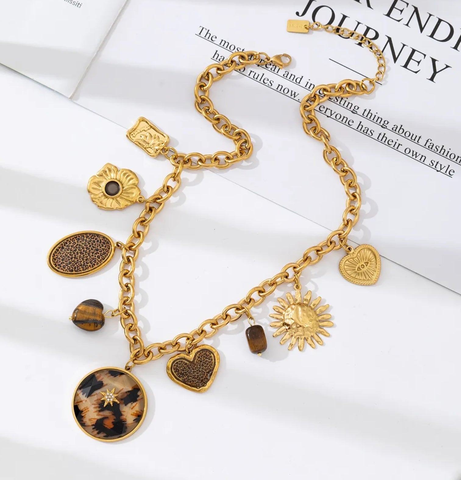 Gold Chain Charm Necklace with Tortoiseshell & Sun Medallion | Boho Statement Jewelry