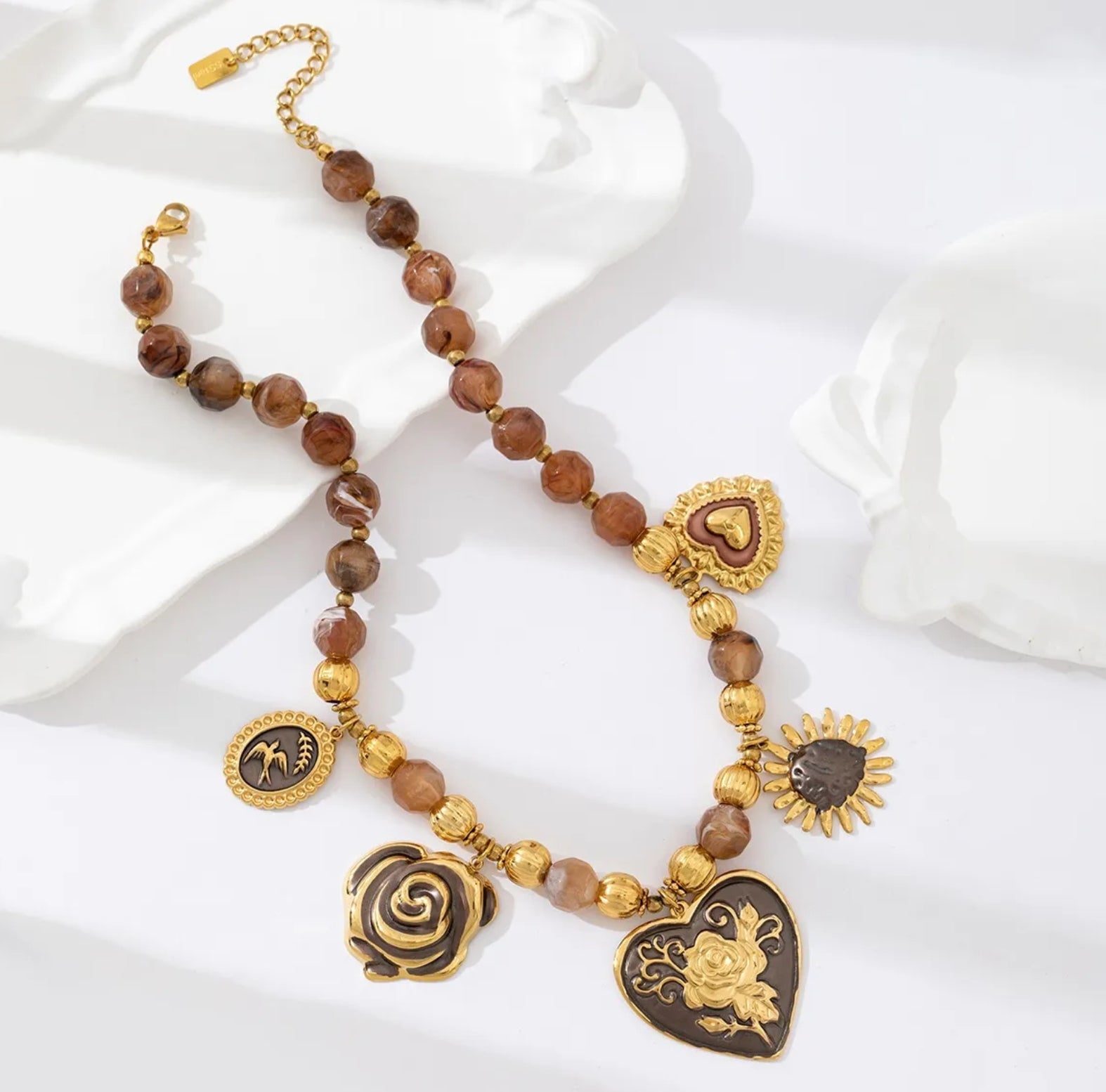 Beaded Charm Necklace with Gold Heart & Sun Pendants | Boho Vintage Statement Jewelry