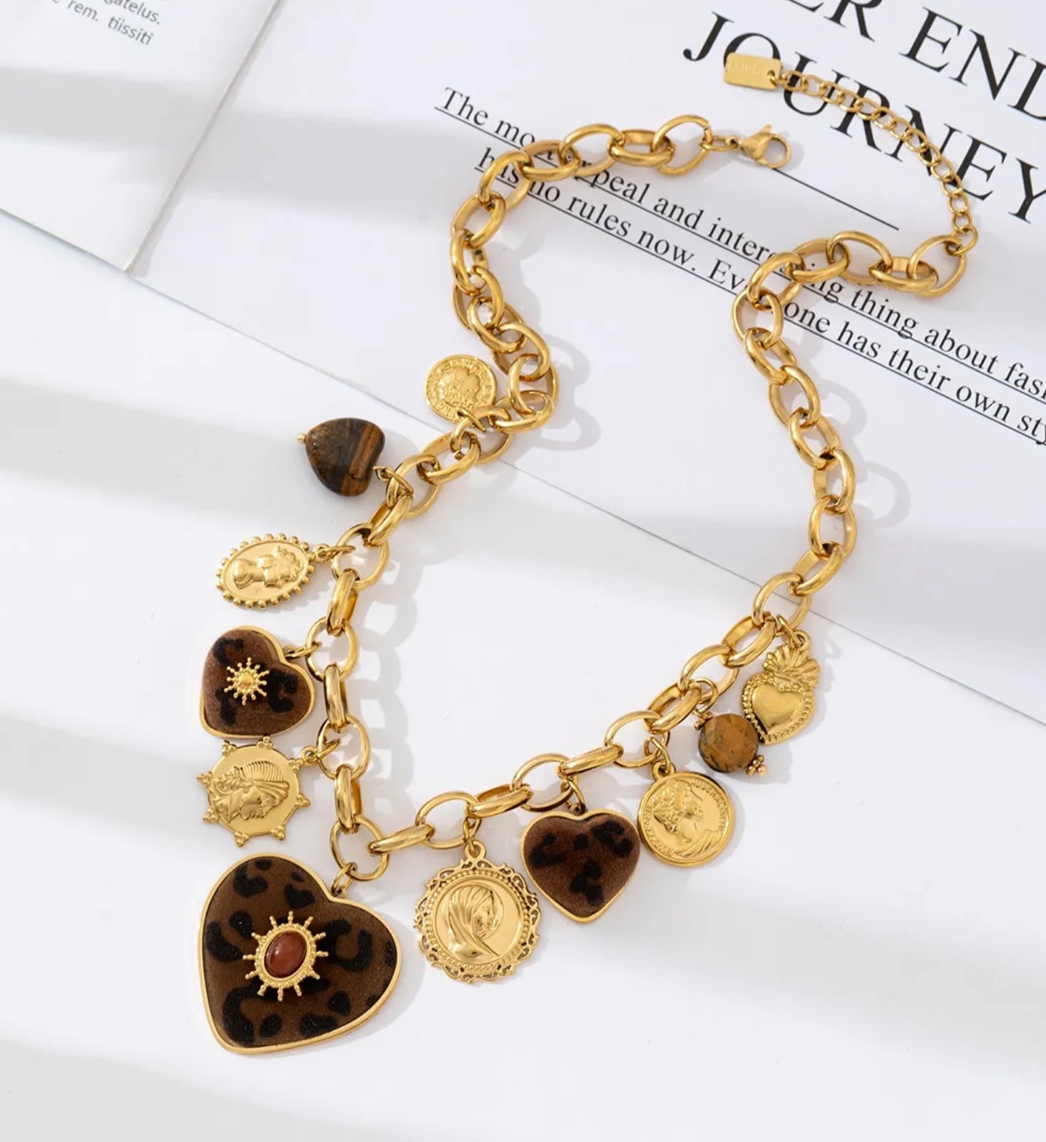Gold Chain Charm Necklace with Leopard Heart & Coin Pendants | Bold Statement Jewelry