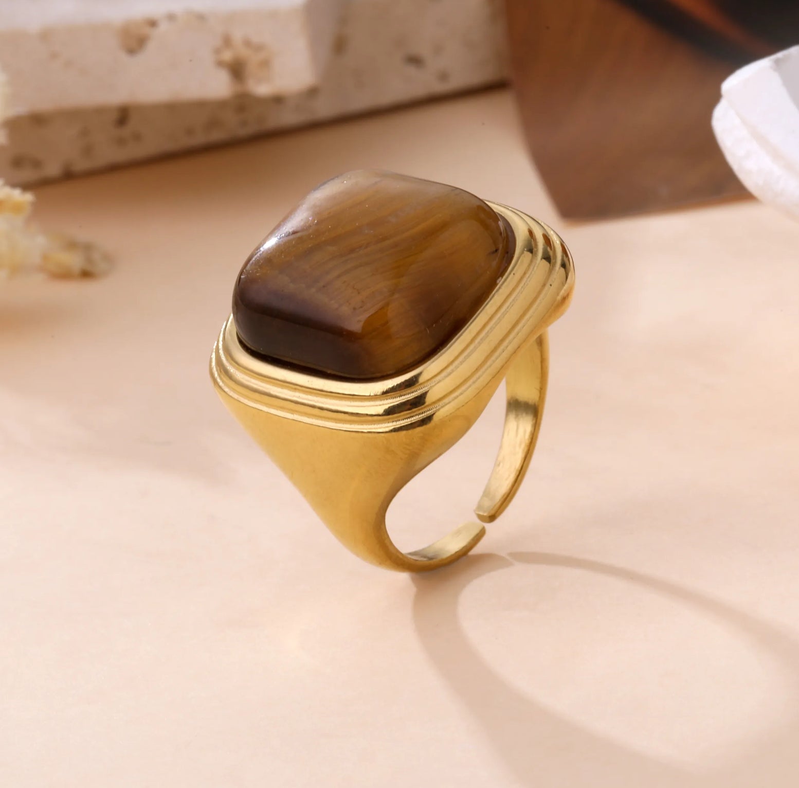 Gold Statement Ring with Tiger Eye Gemstone | Bold Vintage-Inspired Jewelry