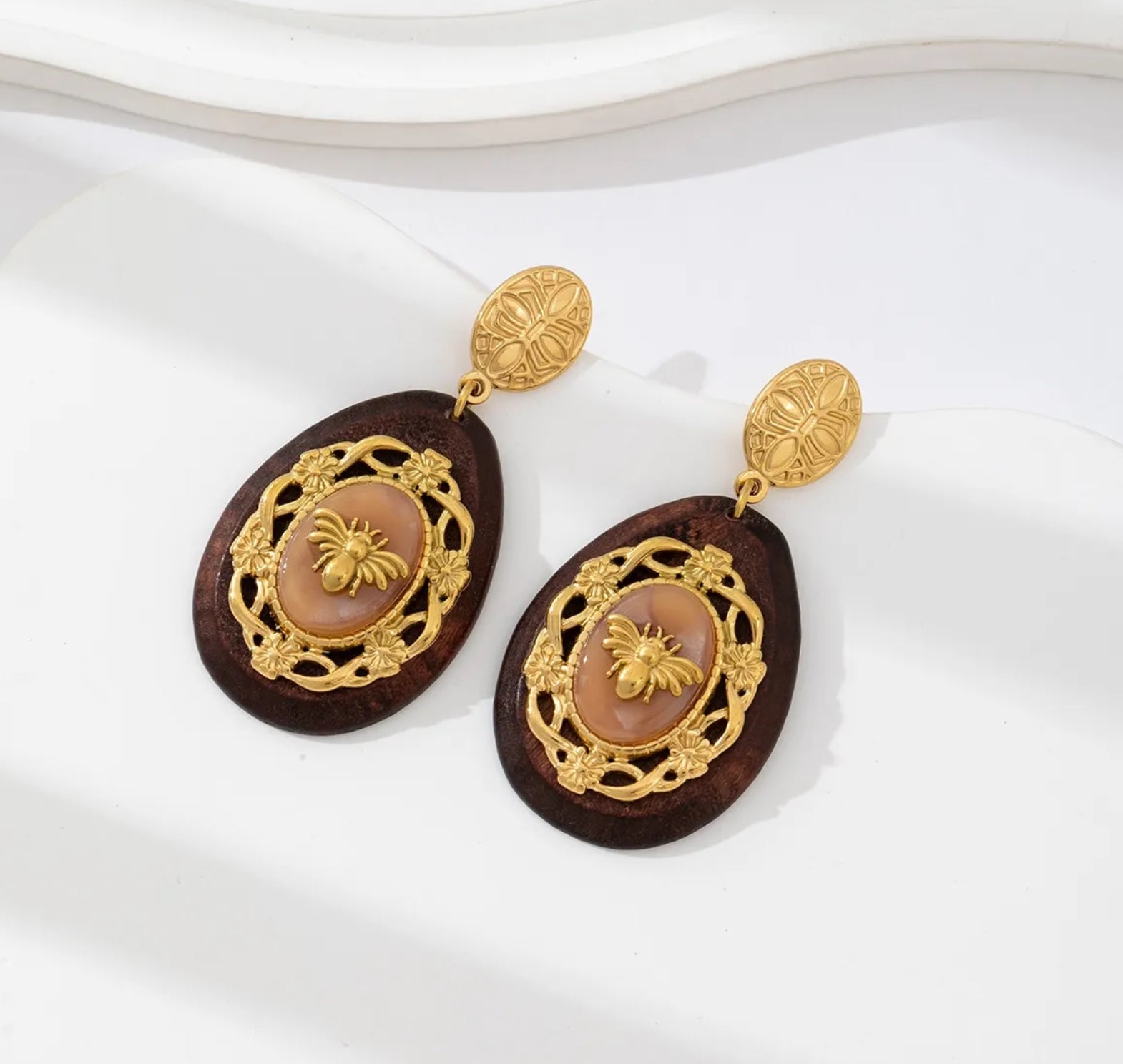 Golden Bee & Wood Drop Earrings | Nature-Inspired Statement Jewelry