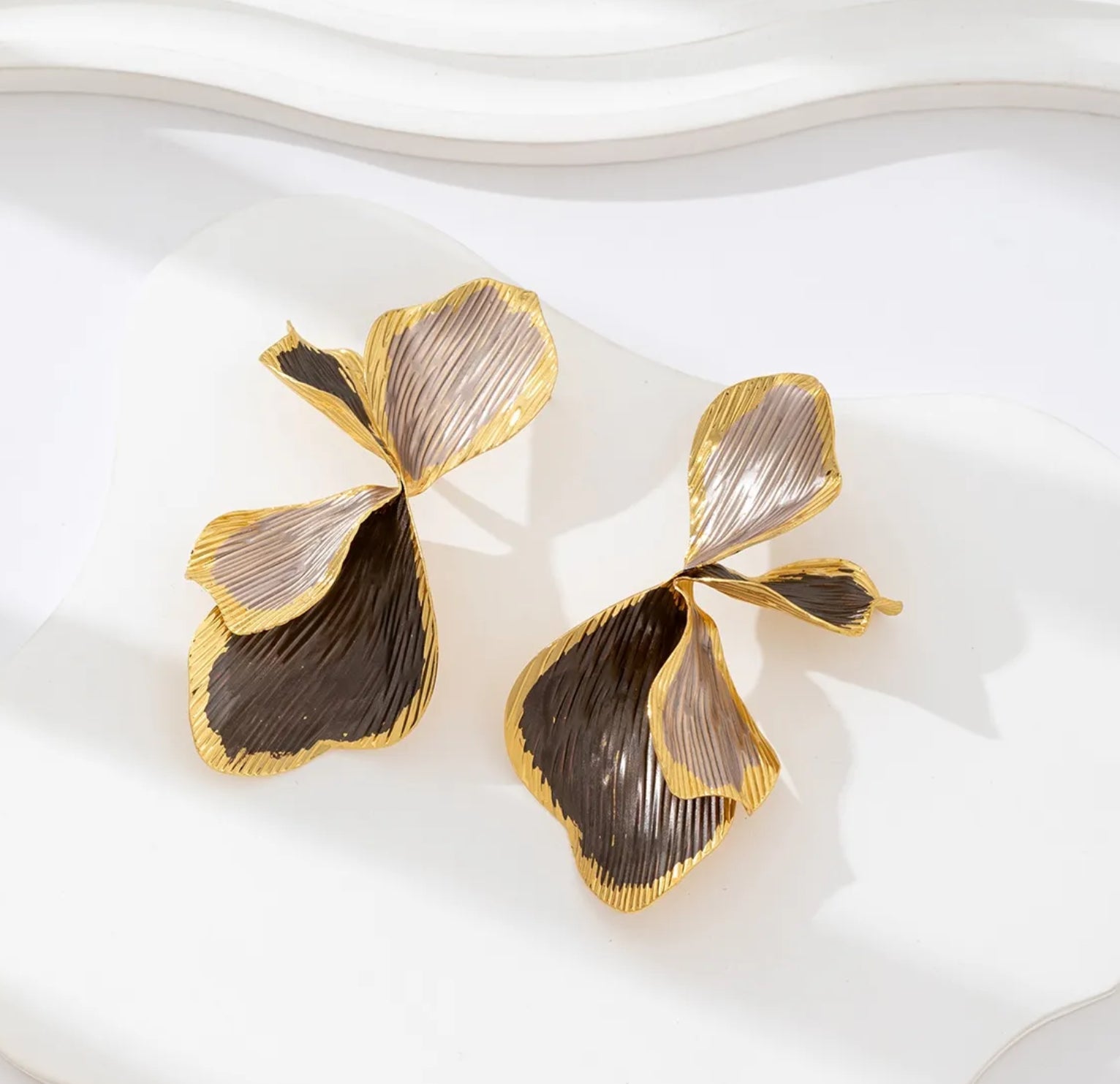 Two-Tone Gold Petal Drop Earrings | Sculptural Floral Statement Jewelry