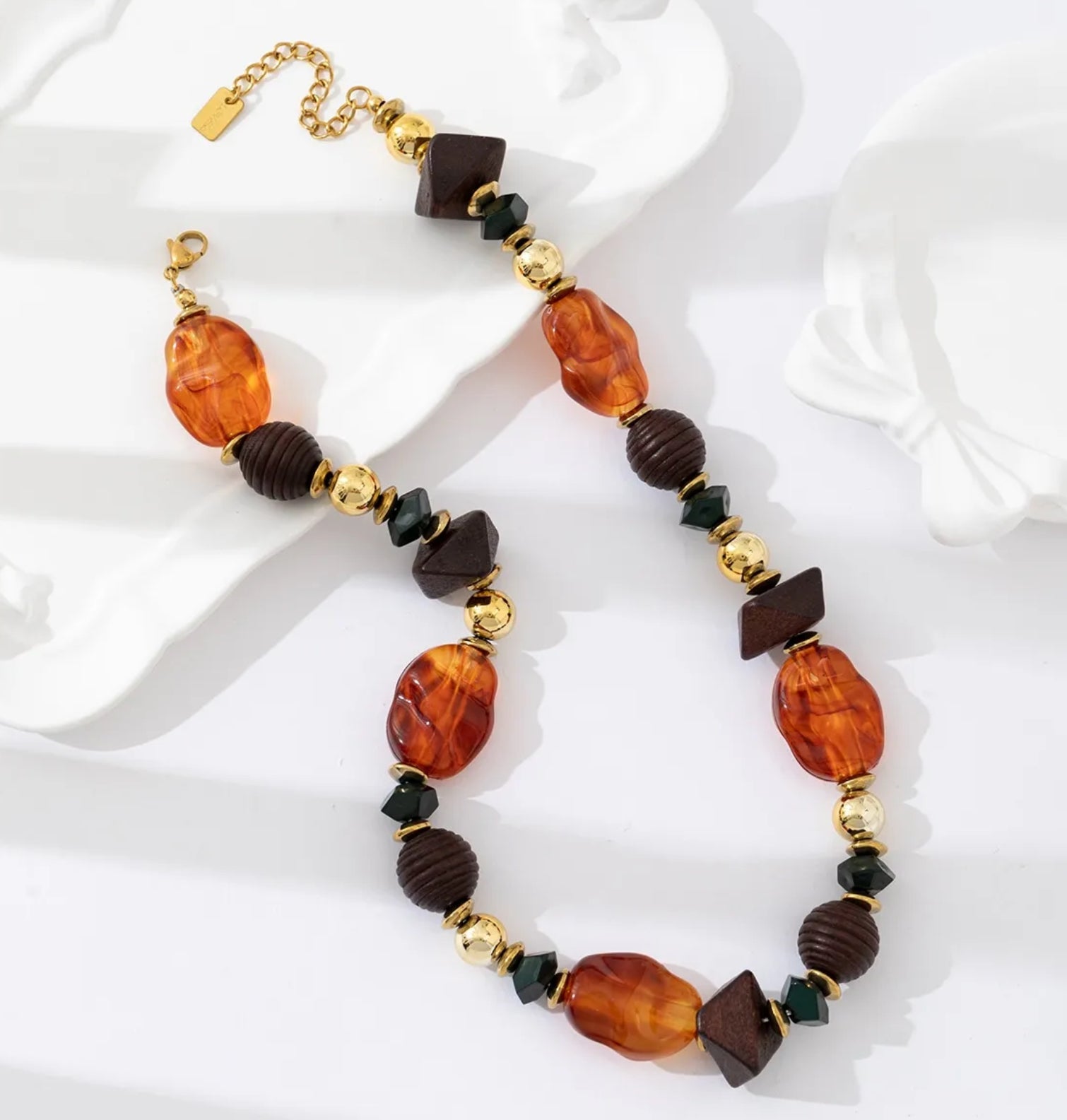 Amber Beaded Statement Necklace with Gold & Wood Effect Accents | Boho Chic Jewelry