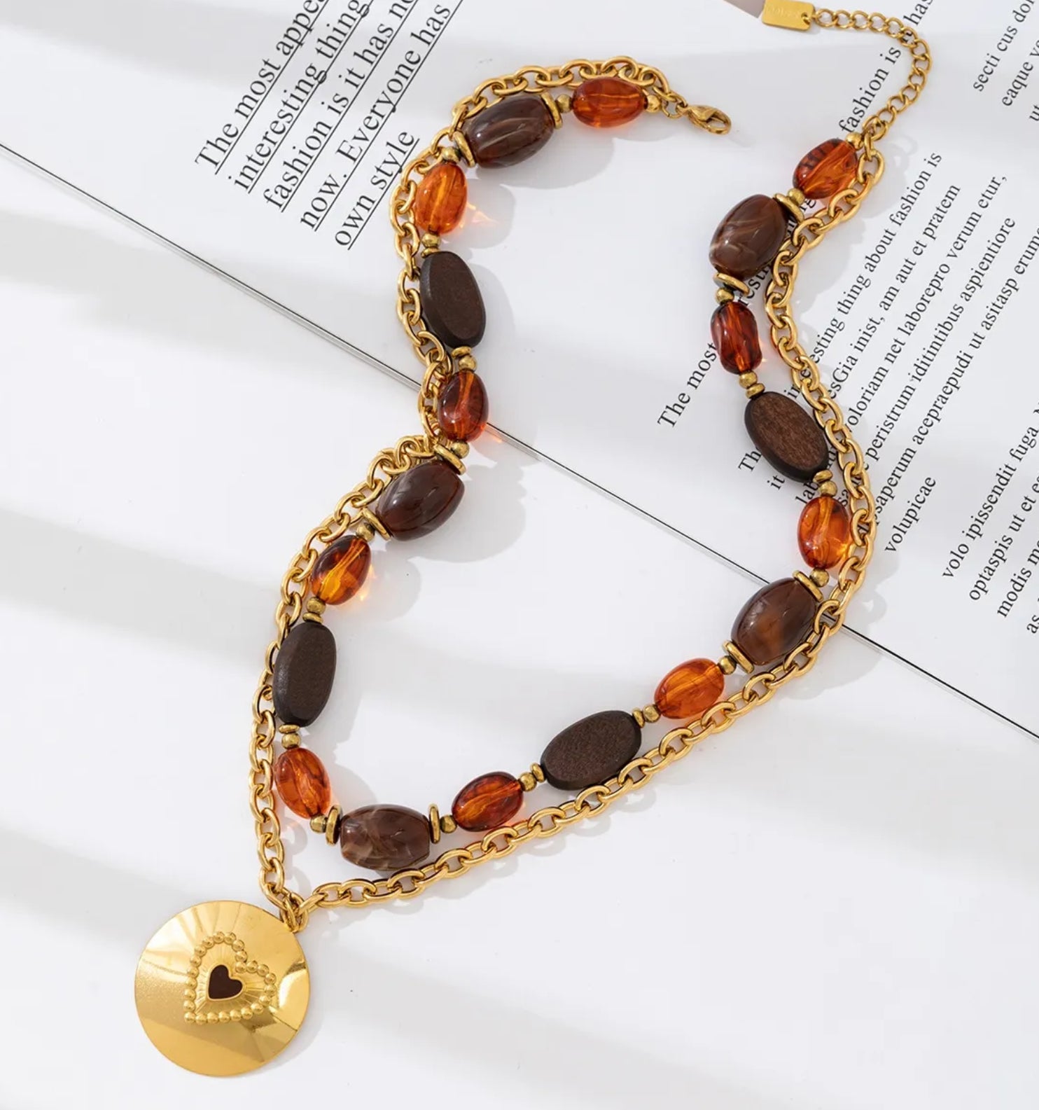 Amber and Wood Beaded Necklace with Gold Heart Pendant | Boho Romantic Jewelry