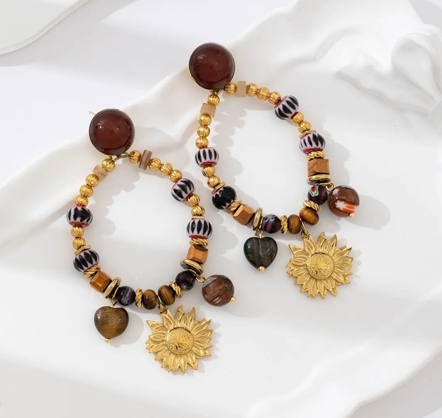 Boho Beaded Hoop Earrings with Gold Sun & Heart Charms | Eclectic Statement Jewelry