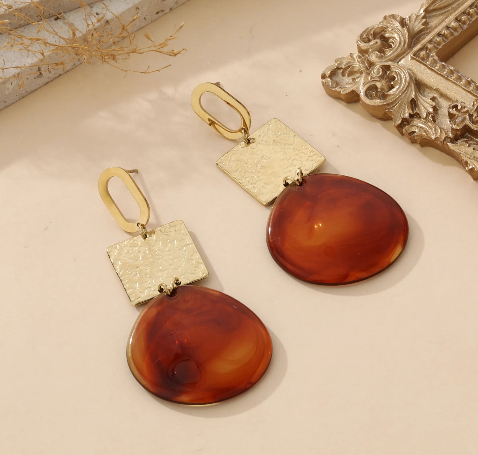 Amber Resin-Like & Textured Gold Drop Earrings | Modern Boho Statement Jewelry