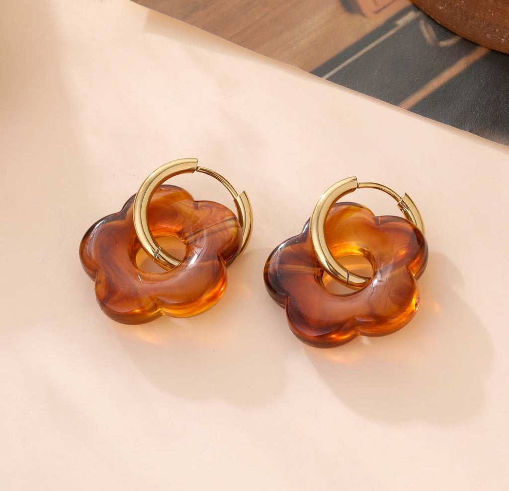 Flower Resin Hoop Earrings in Amber & Mocha | Retro Boho Statement Jewelry