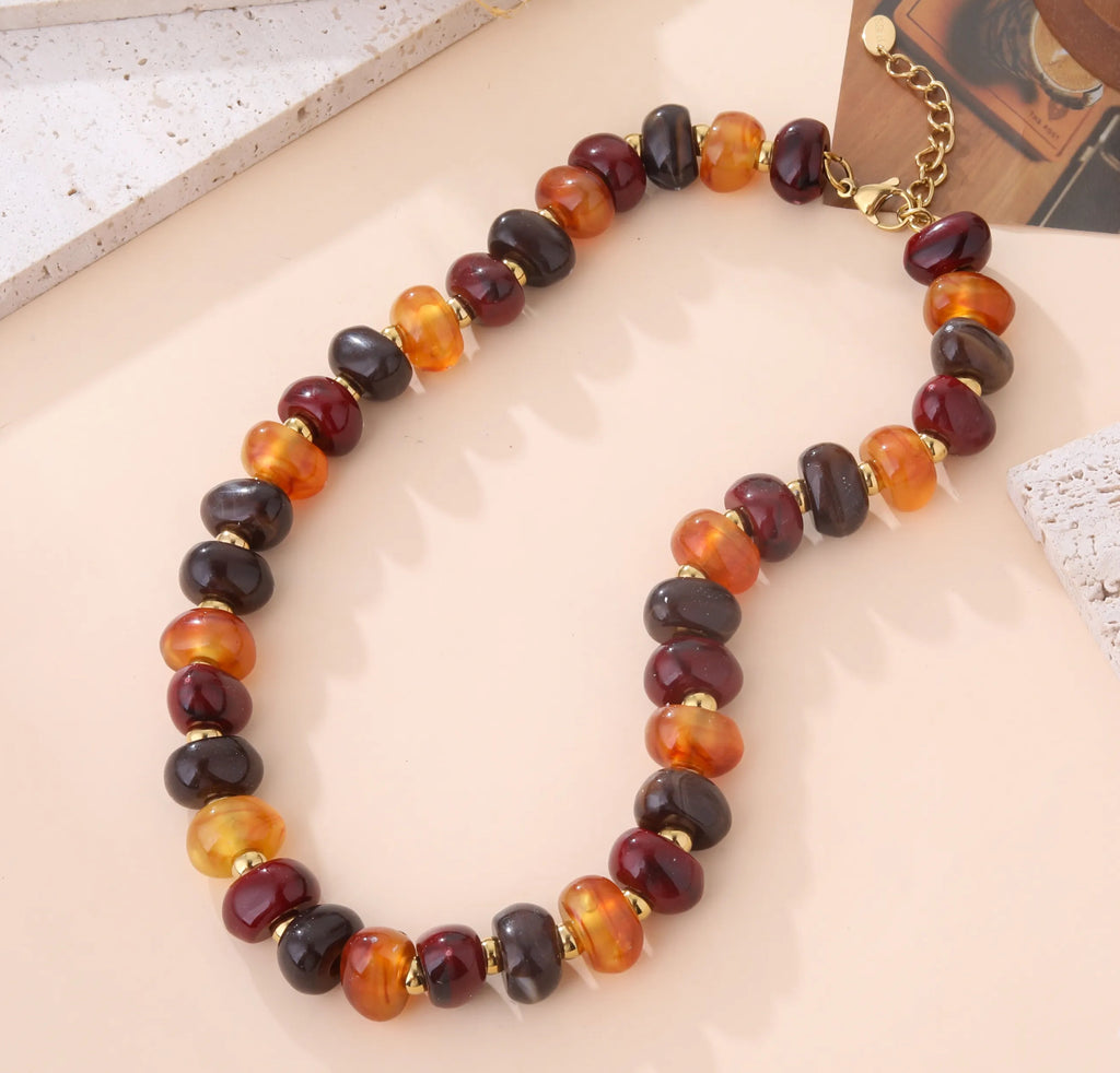 Chunky Resin Beaded Necklace in Amber Tones | Retro Statement Jewelry