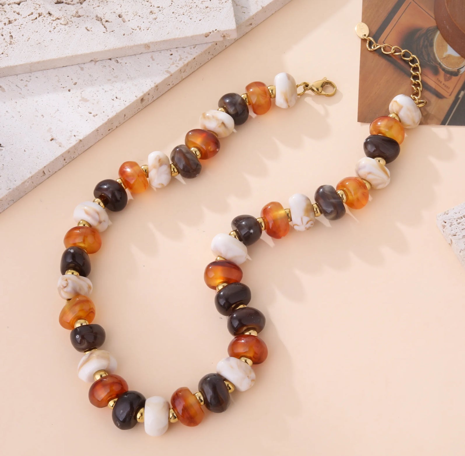 Chunky Resin Beaded Necklace in Amber Tones | Retro Statement Jewelry