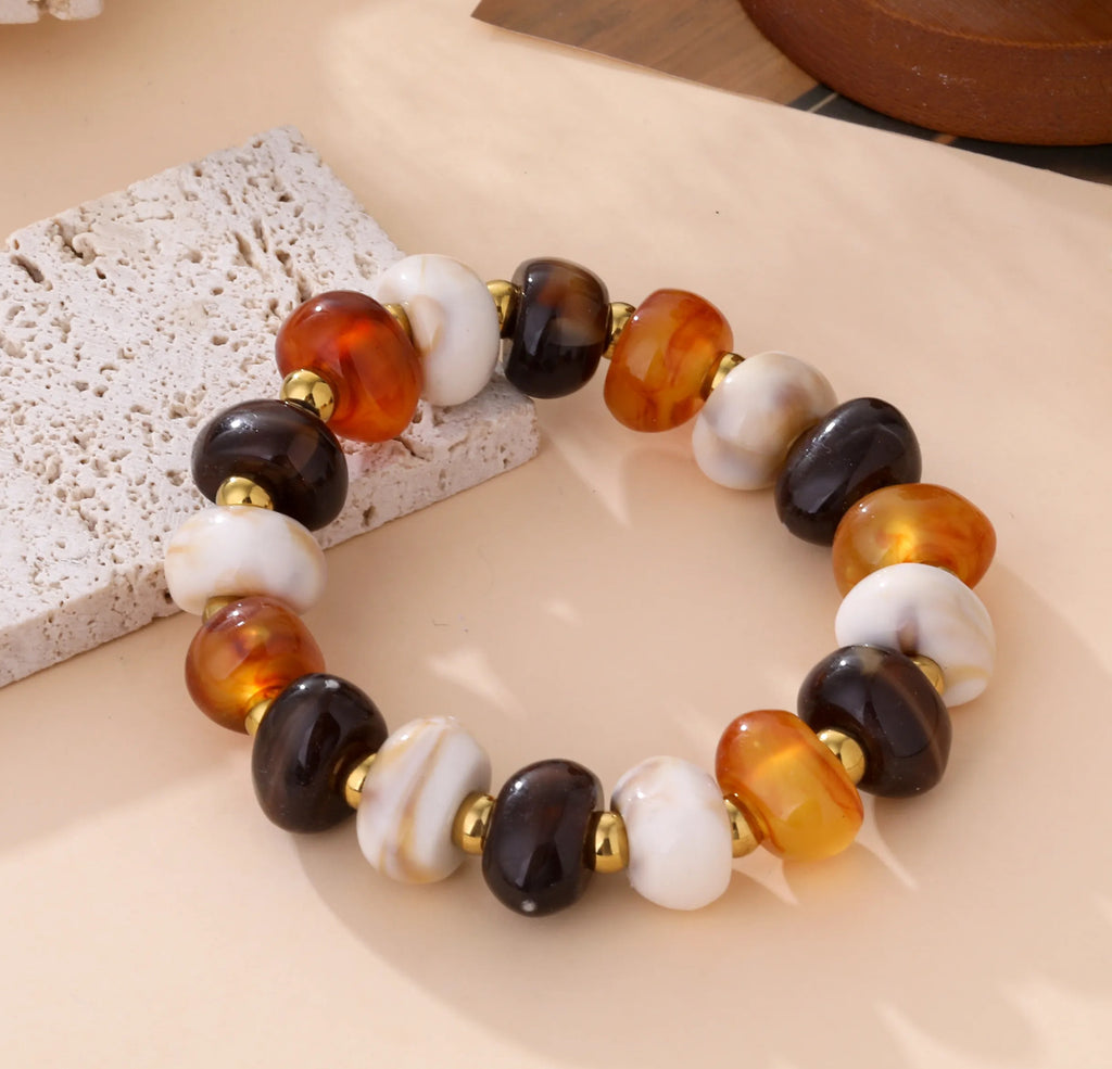 Chunky Resin Beaded Stretch Bracelet | Amber & Mocha Tones