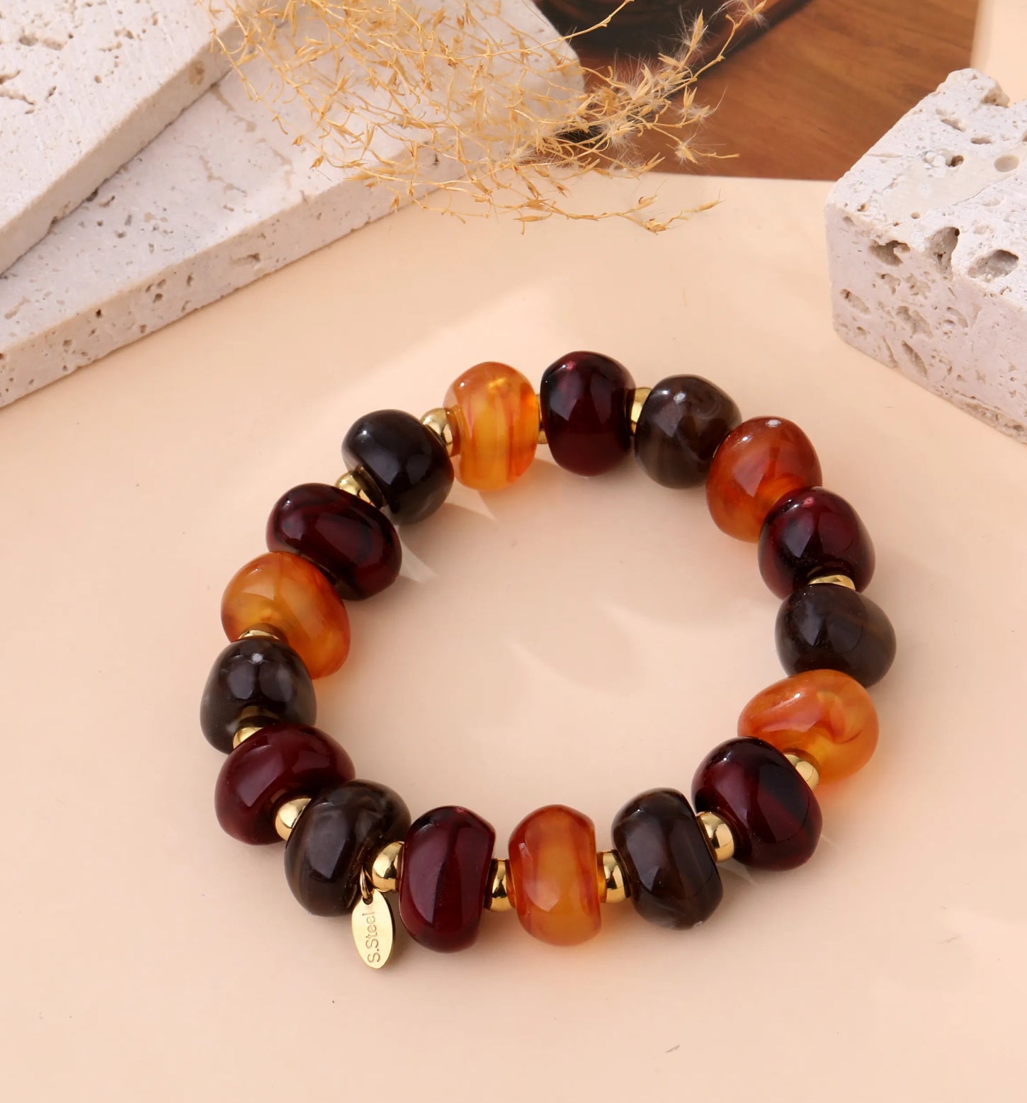 Chunky Resin Beaded Stretch Bracelet | Amber & Mocha Tones