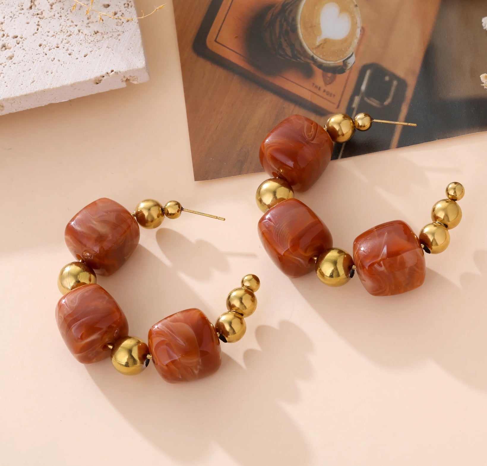 Chunky Beaded Hoop Earrings | Resin & Gold Statement Hoops