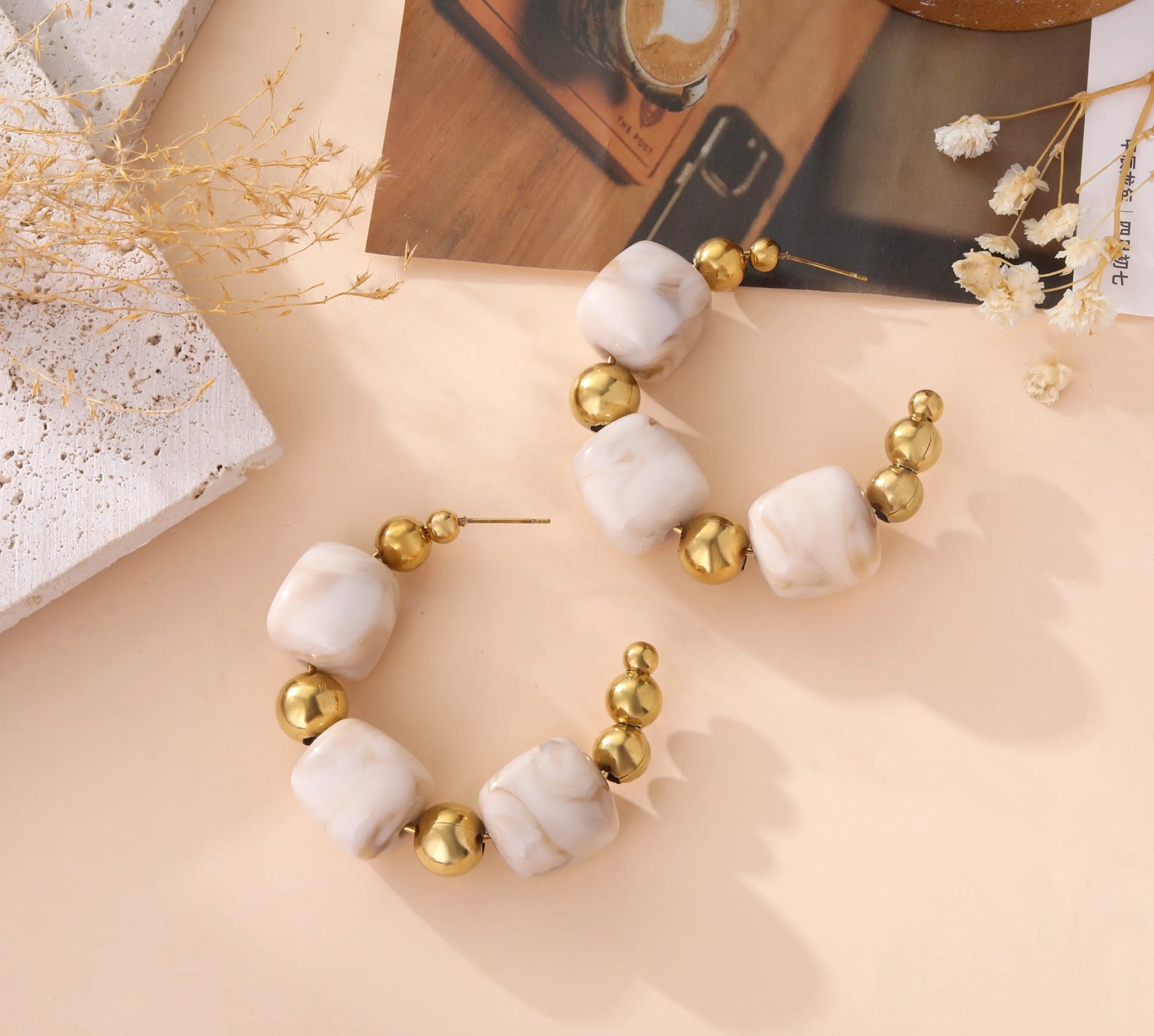 Chunky Beaded Hoop Earrings | Resin & Gold Statement Hoops