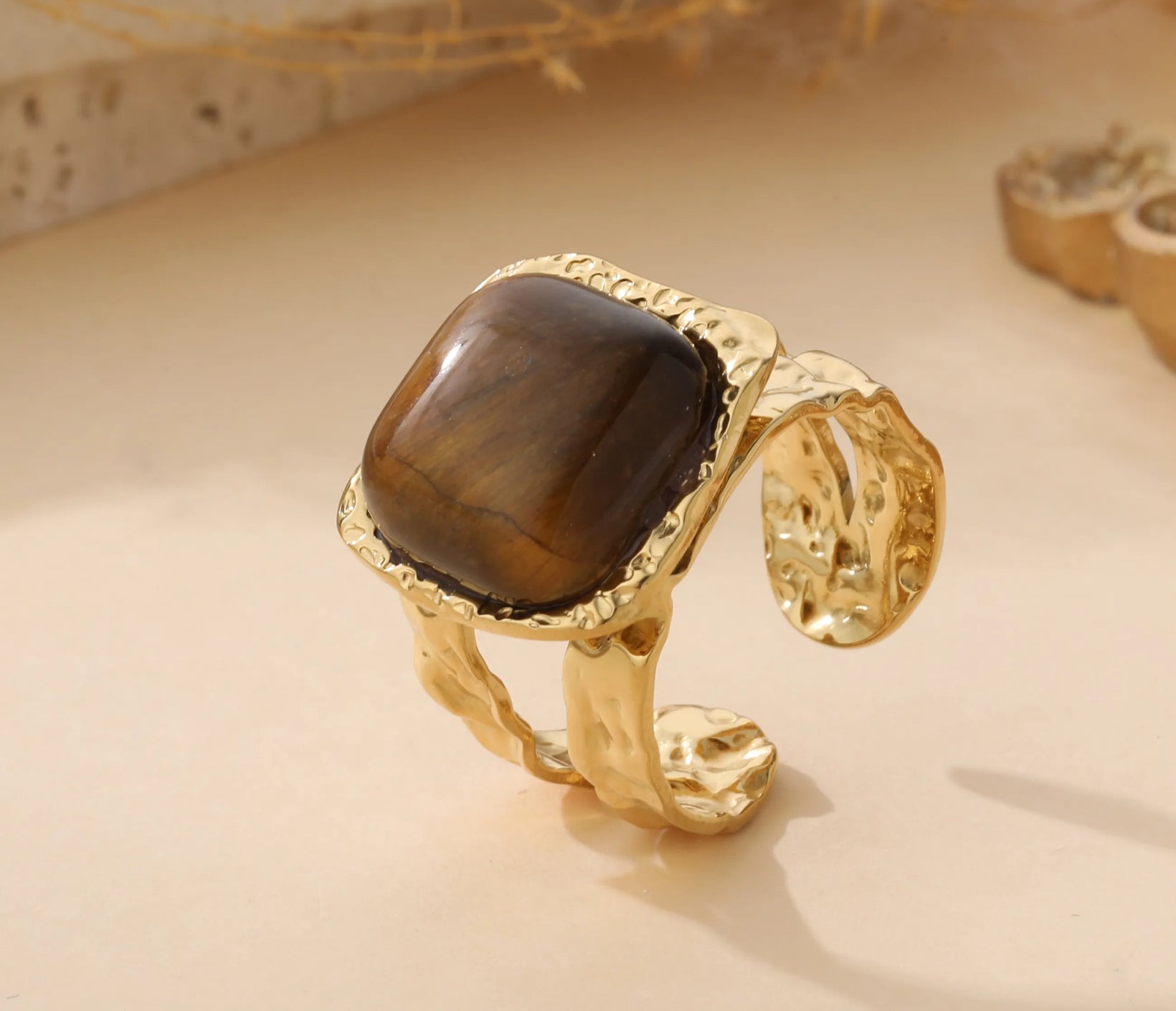 Hammered Gold Statement Ring with Tiger’s Eye Stone