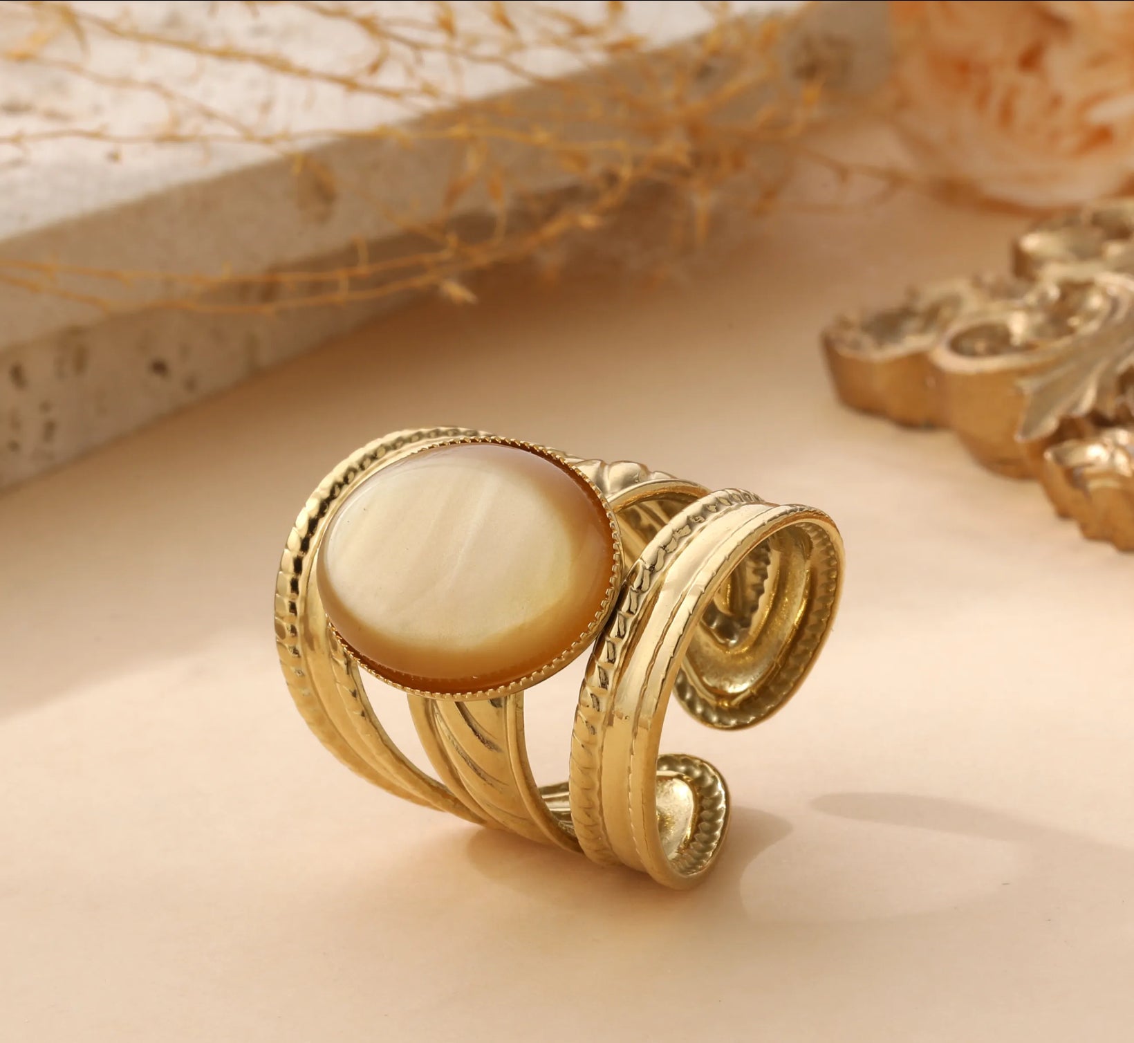 Vintage Gold Open Band Ring with Oval Gemstone
