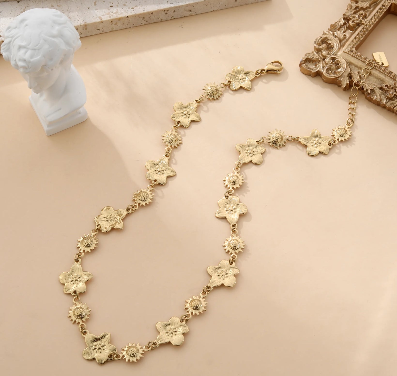 Gold Floral and Sun Charm Necklace | Vintage-Inspired Statement Chain